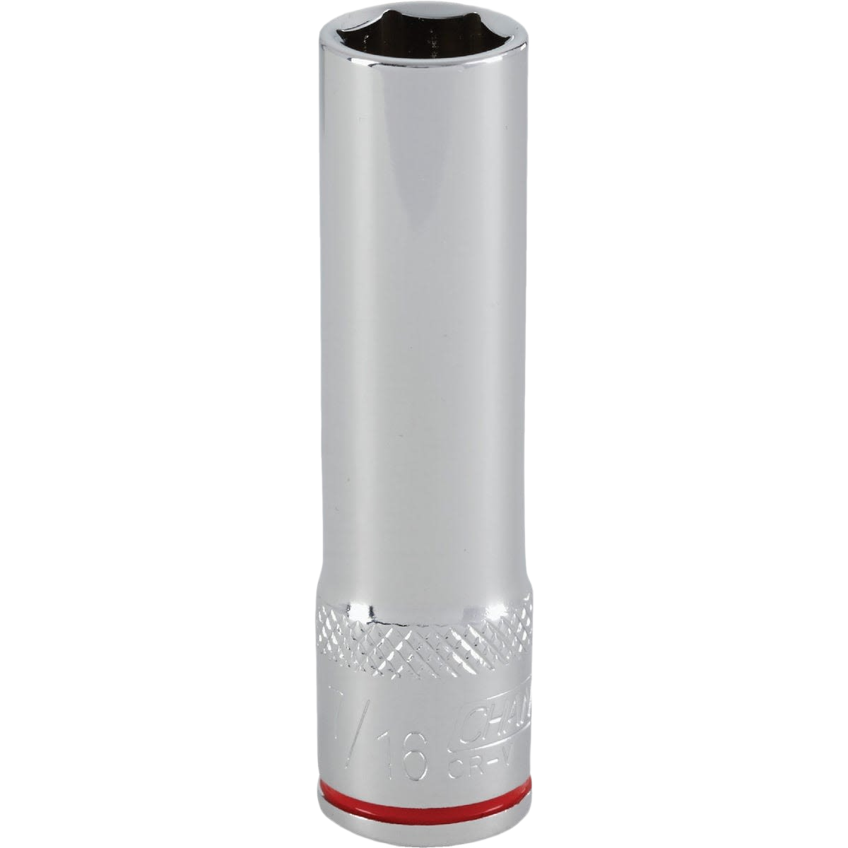 Chrome-finished 6-point deep socket with textured grip and red size band for hand tool and woodworking projects