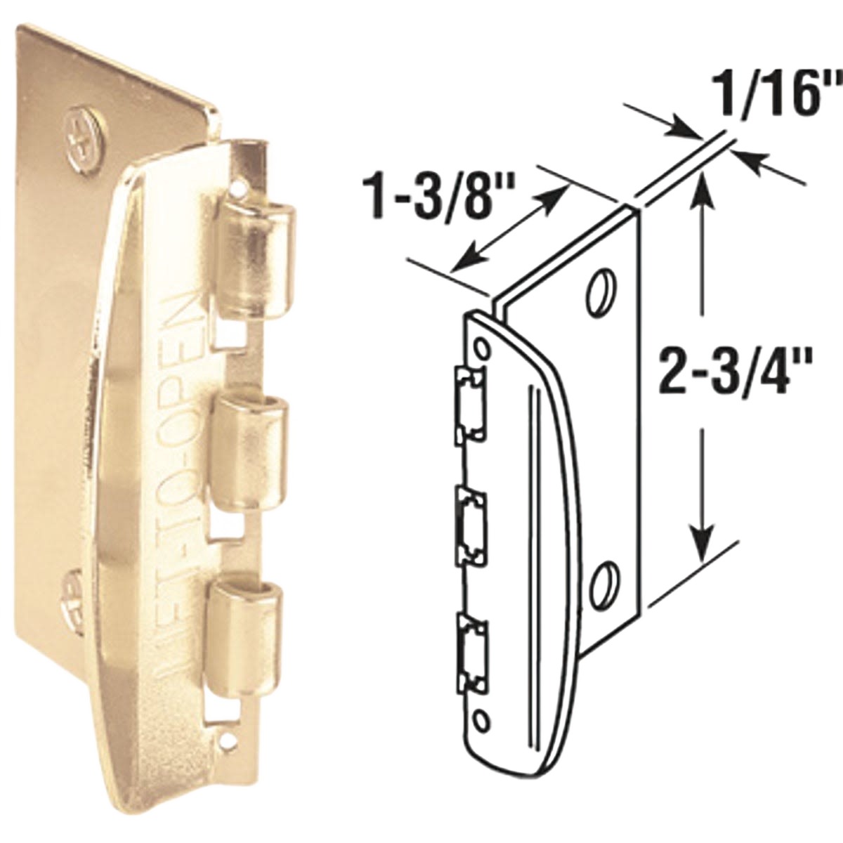 Brass-plated flip-over lock with dimensions diagram, suitable for left or right inward swinging doors in hardware collections.