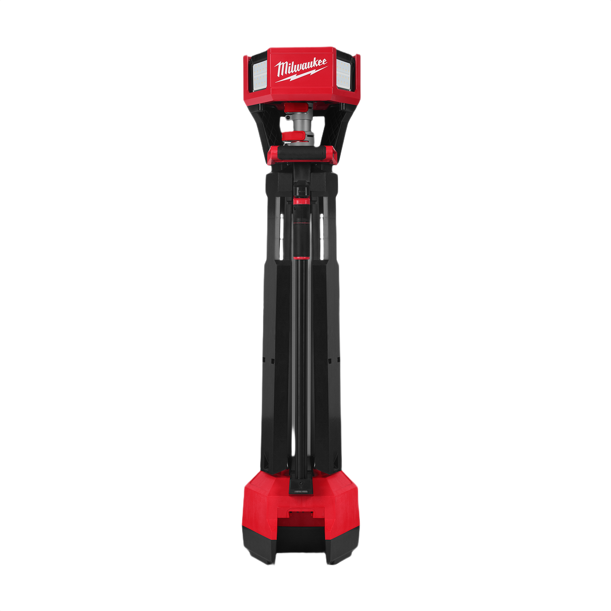 Tall red and black Milwaukee utility light tower with collapsible stand designed for work lights and home improvement tools collections