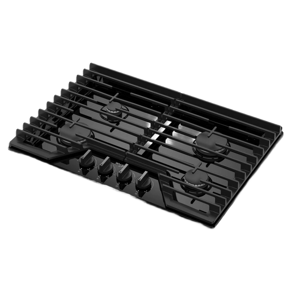 Black 30-inch gas cooktop with four burners and hinged cast-iron grates for home improvement kitchens and cooking tasks