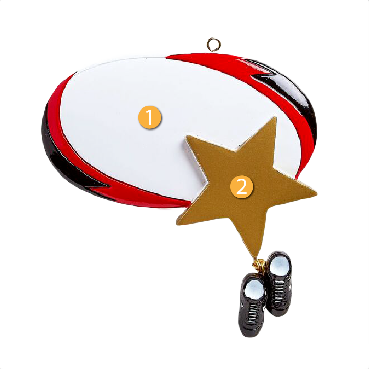 Oval rugby ball ornament with red, black accents, gold star, and dangling cleats for Christmas tree decoration under $50