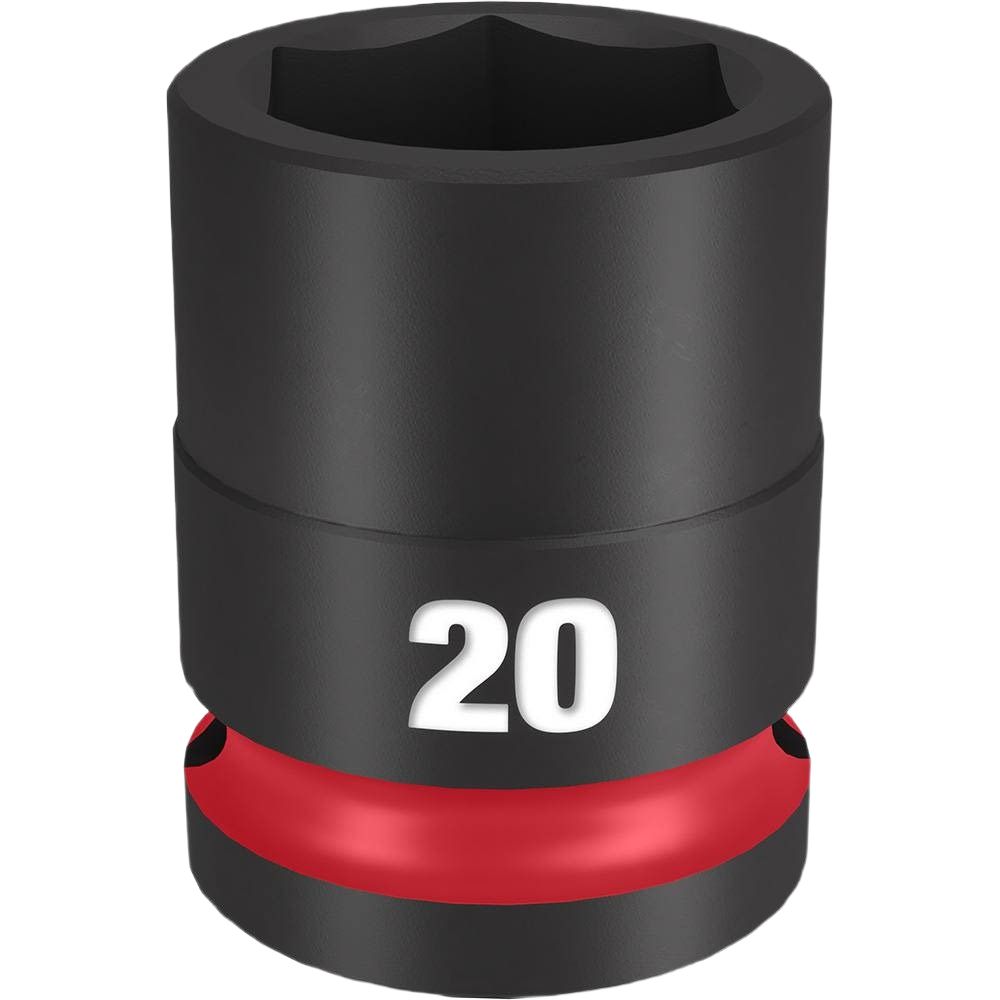 Black 20mm six-point impact socket with red ring, designed for heavy-duty automotive and home improvement use