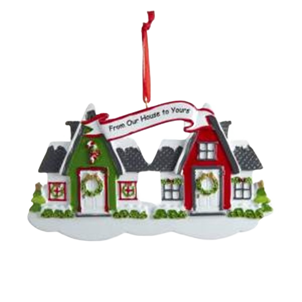 Red and green festive house ornament with glittered wreaths and snow-covered roof for Christmas tree decor under $50