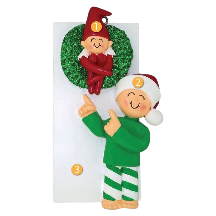 Personalized festive elf figure in green and red with striped pants and holiday wreath Christmas ornament under 50 dollars