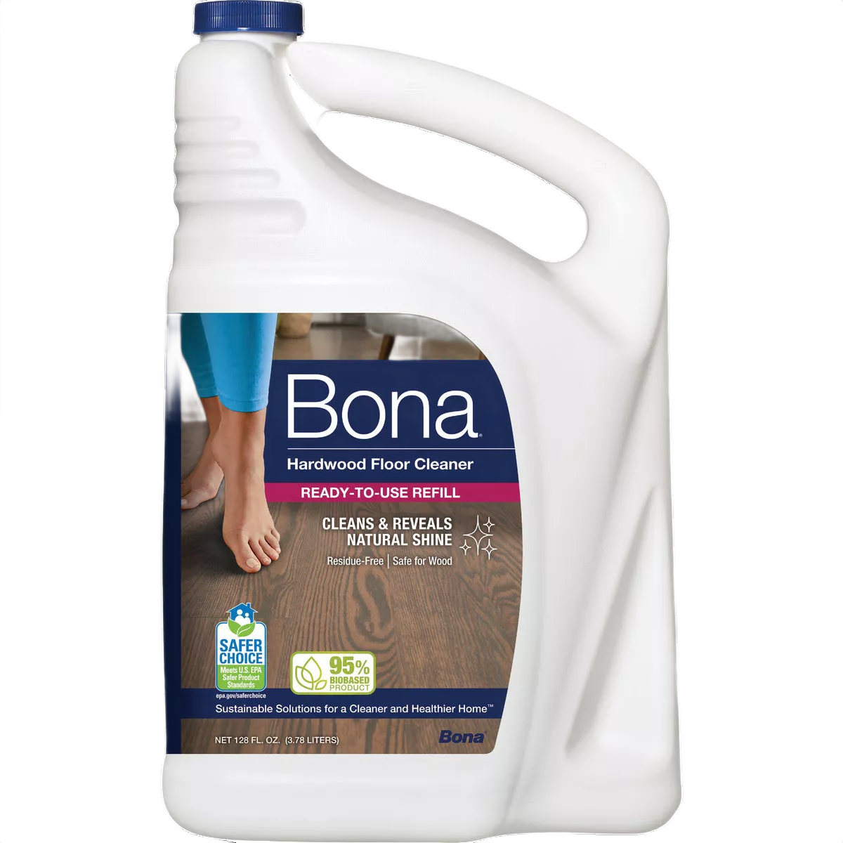 White plastic jug of ready-to-use hardwood floor cleaner with blue cap and label showing bare feet on wood flooring