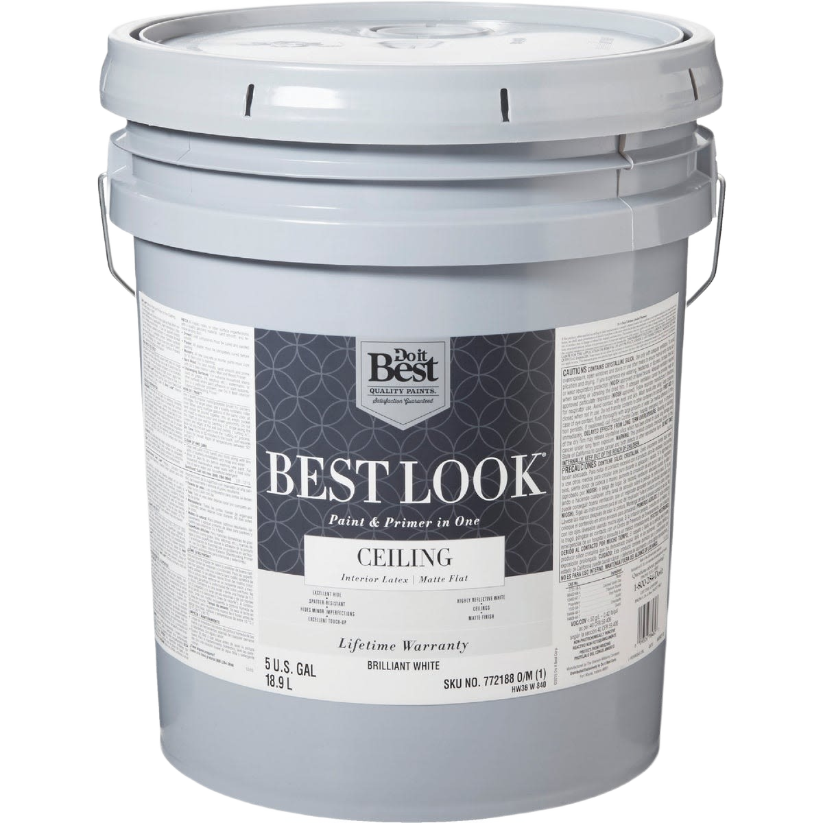 Gray 5-gallon container of Best Look Brilliant White latex matte flat ceiling paint and primer for interior use