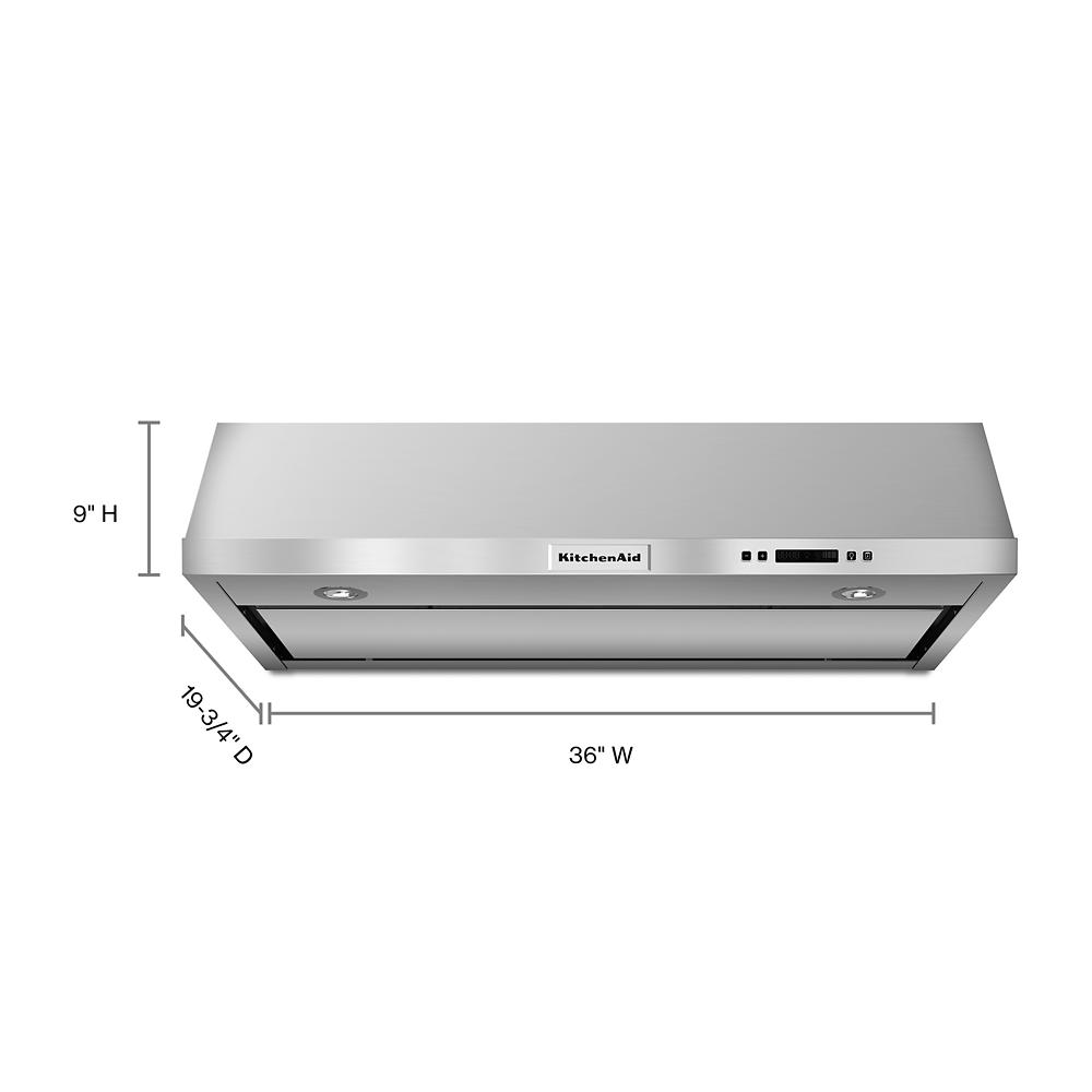 36-inch stainless steel under-cabinet range hood with LED lights and electronic controls in KitchenAid Appliances collection