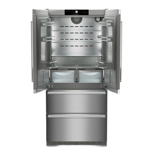 Freestanding stainless steel French door refrigerator/freezer with open doors showing spacious interior and dual lower freezer drawers