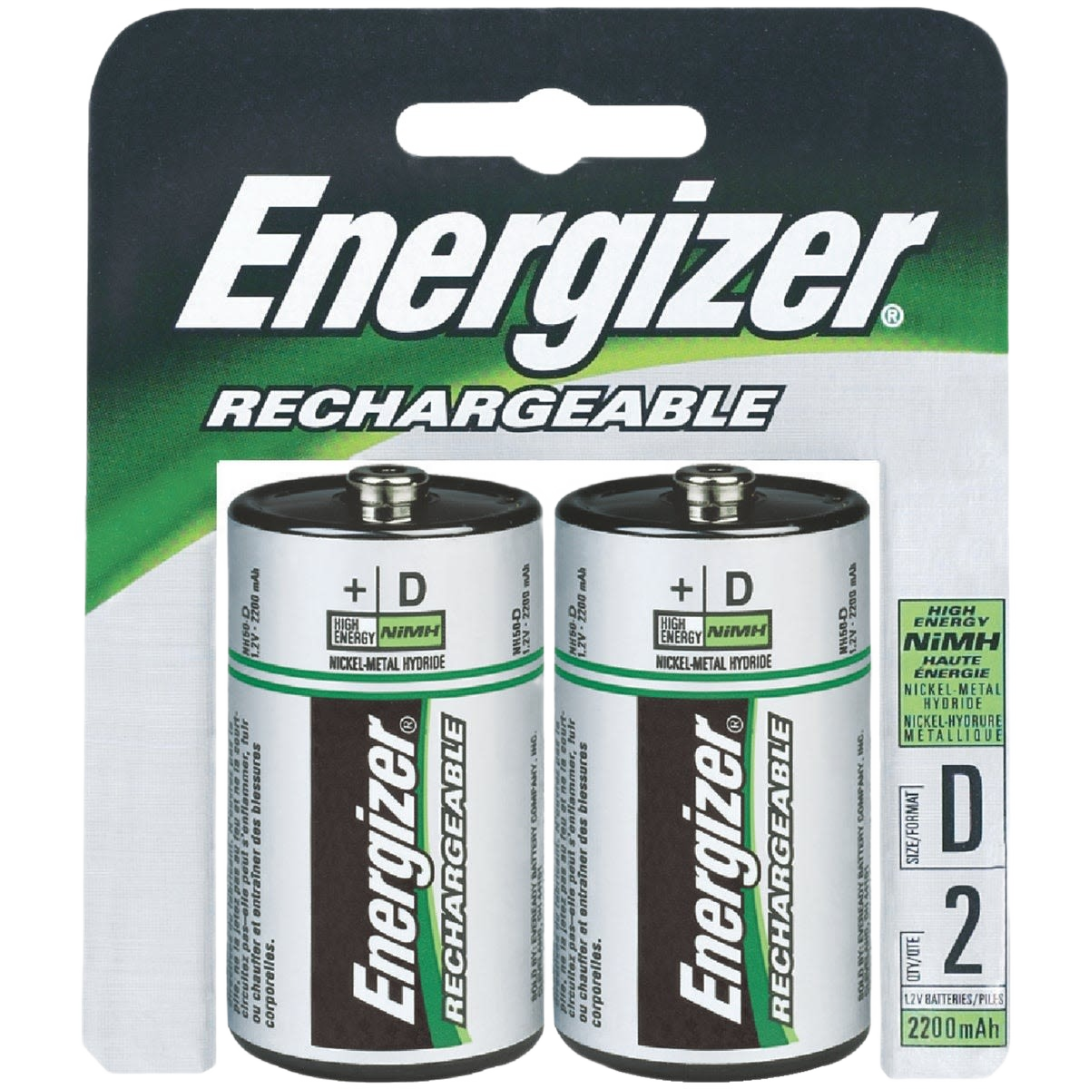 Two Energizer rechargeable D batteries with 2200mAh capacity in branded packaging for household and electrical use