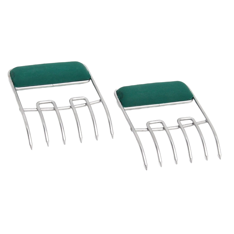 Set of two stainless steel meat shredding claws with green handles for grilling and outdoor cooking tools collections