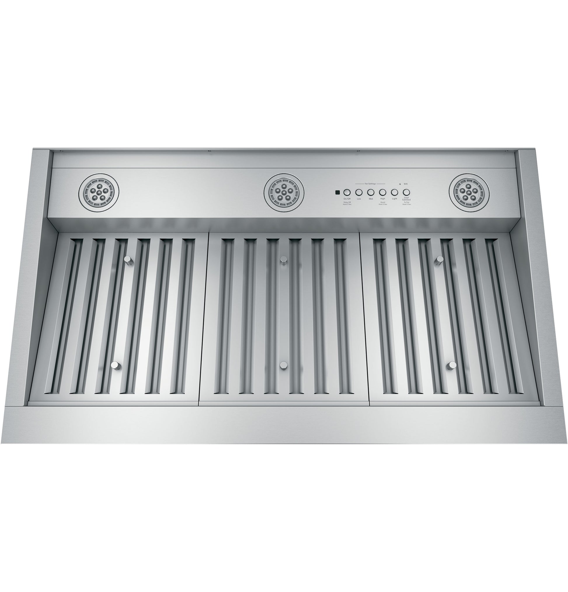 Stainless steel kitchen insert with dimmable LED lighting, ventilation filters, and control buttons for range hood appliance.