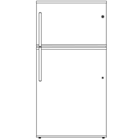 Outline illustration of a classic top-freezer refrigerator with vertical handles on both doors in a simple line drawing style