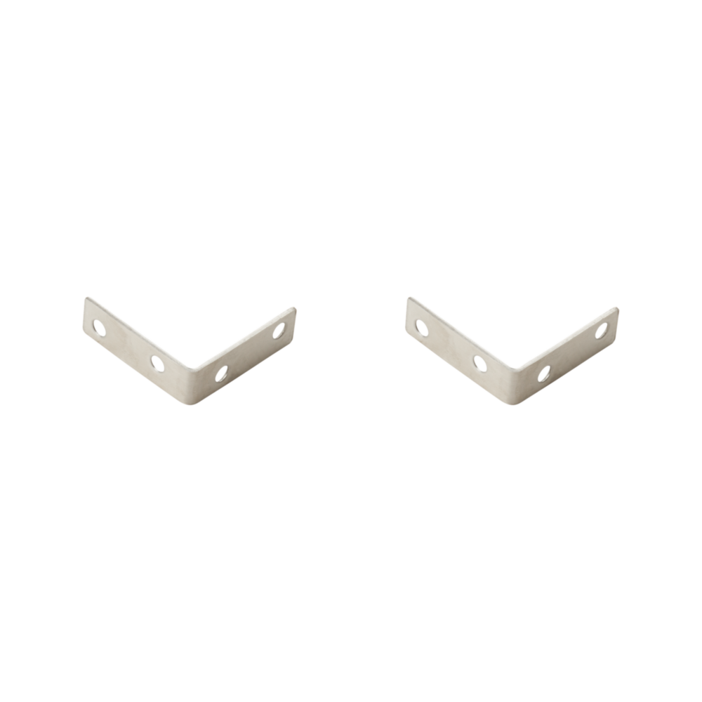 Two stainless steel corner braces with pre-drilled holes for sturdy support in building hardware and home improvement tools