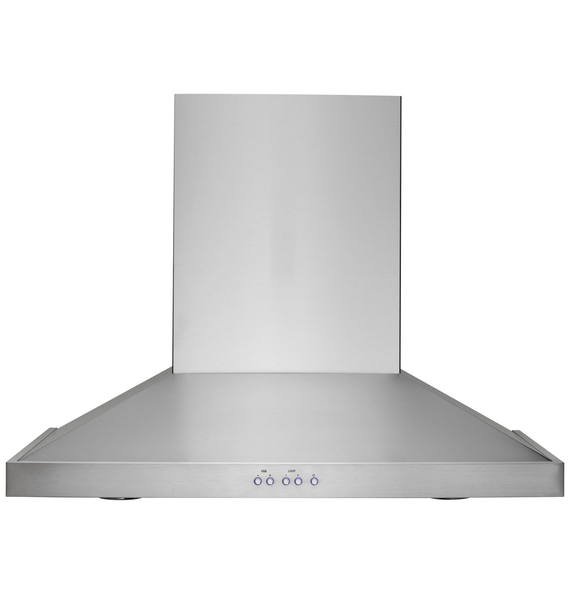 Modern stainless steel wall-mounted vent hood with sleek angular design and control buttons in appliances collection