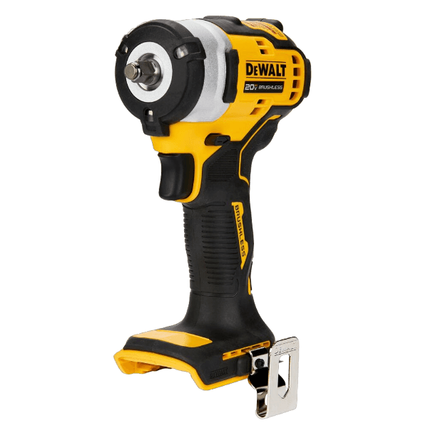 Compact cordless impact wrench in yellow and black with brushless motor and ergonomic grip for tools and home improvement tasks
