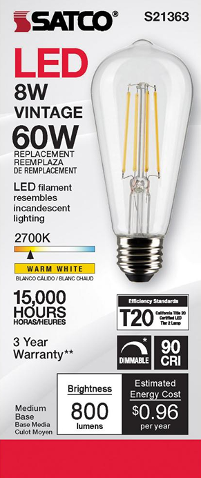 Satco LED filament bulb with medium base, warm white 2700K light, 800 lumens brightness, and dimmable feature for home improvement.