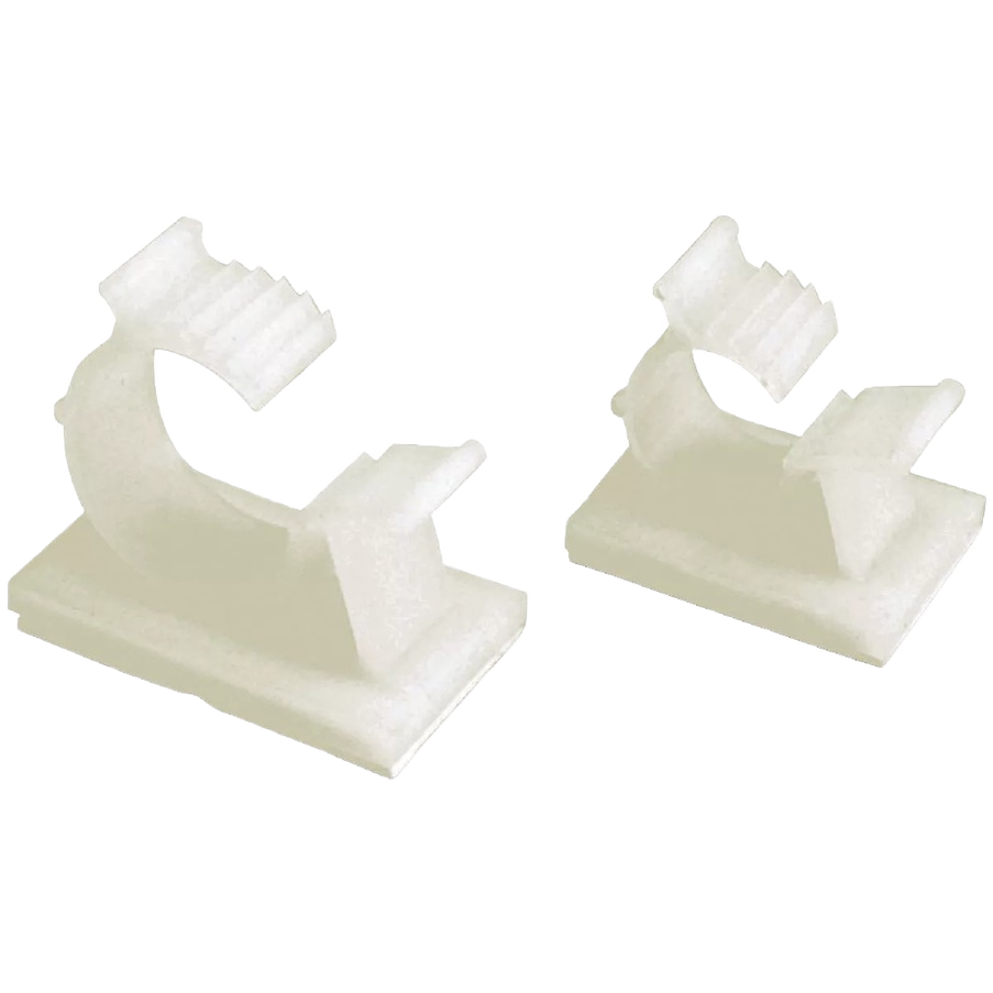 Two white Gardner Bender plastic wire clips with adhesive backs for organizing cables in electrical tool collections under $50