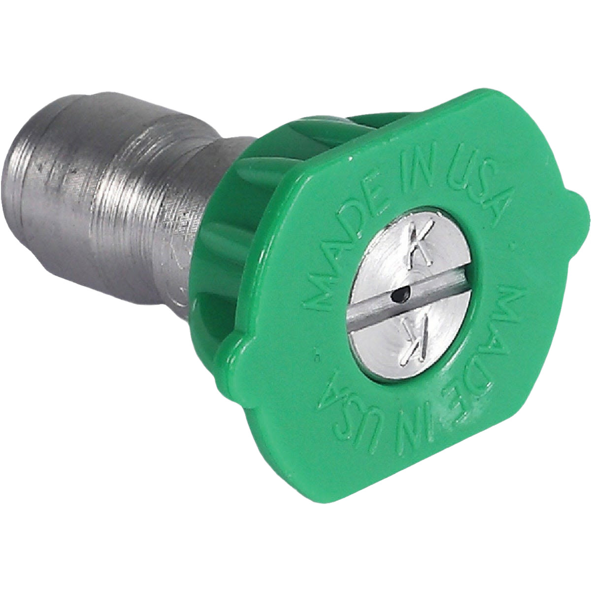 Pressure washer nozzle tip with green plastic head and stainless steel body for tool and power tool accessories collections