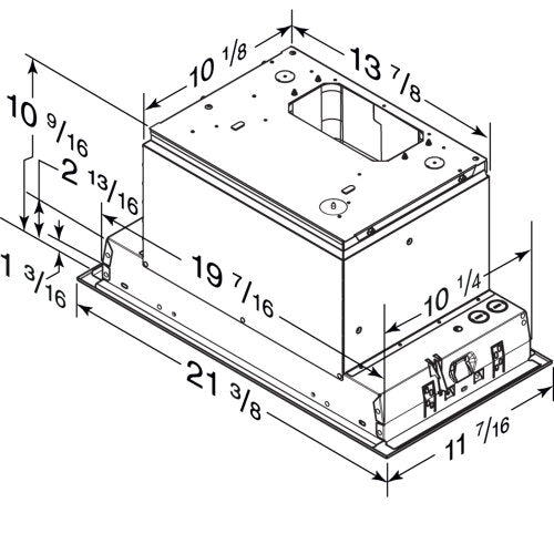 Technical line drawing of a stainless steel range hood insert with detailed dimensions for kitchen installation and home improvement.