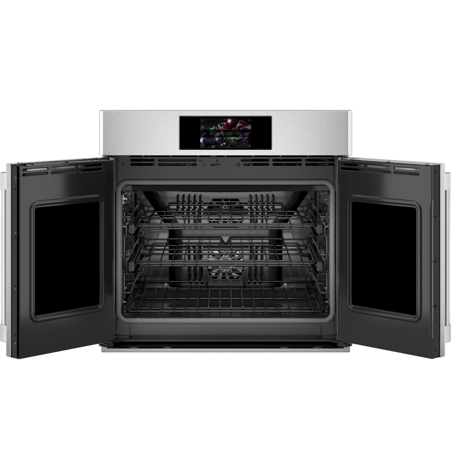 Stainless steel French-door wall oven with open doors and interior racks in single wall ovens and kitchen appliances collection