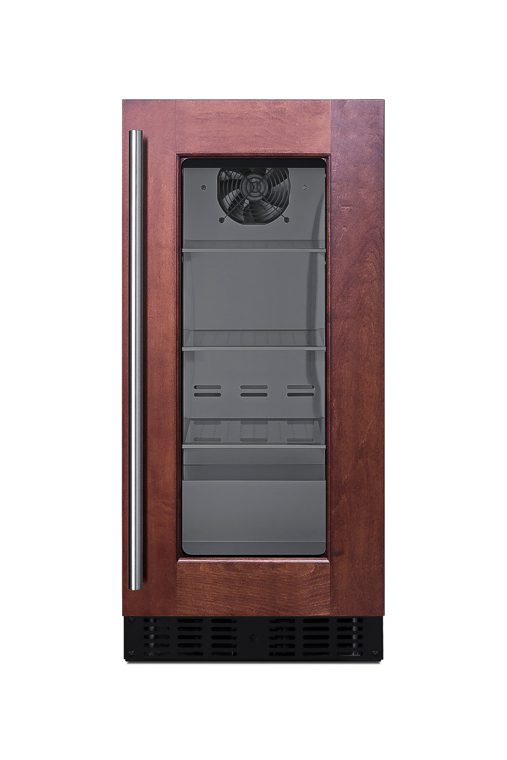 Built-in undercounter beverage center with glass door, wood panel front, and stainless steel handle from kitchen appliances collection