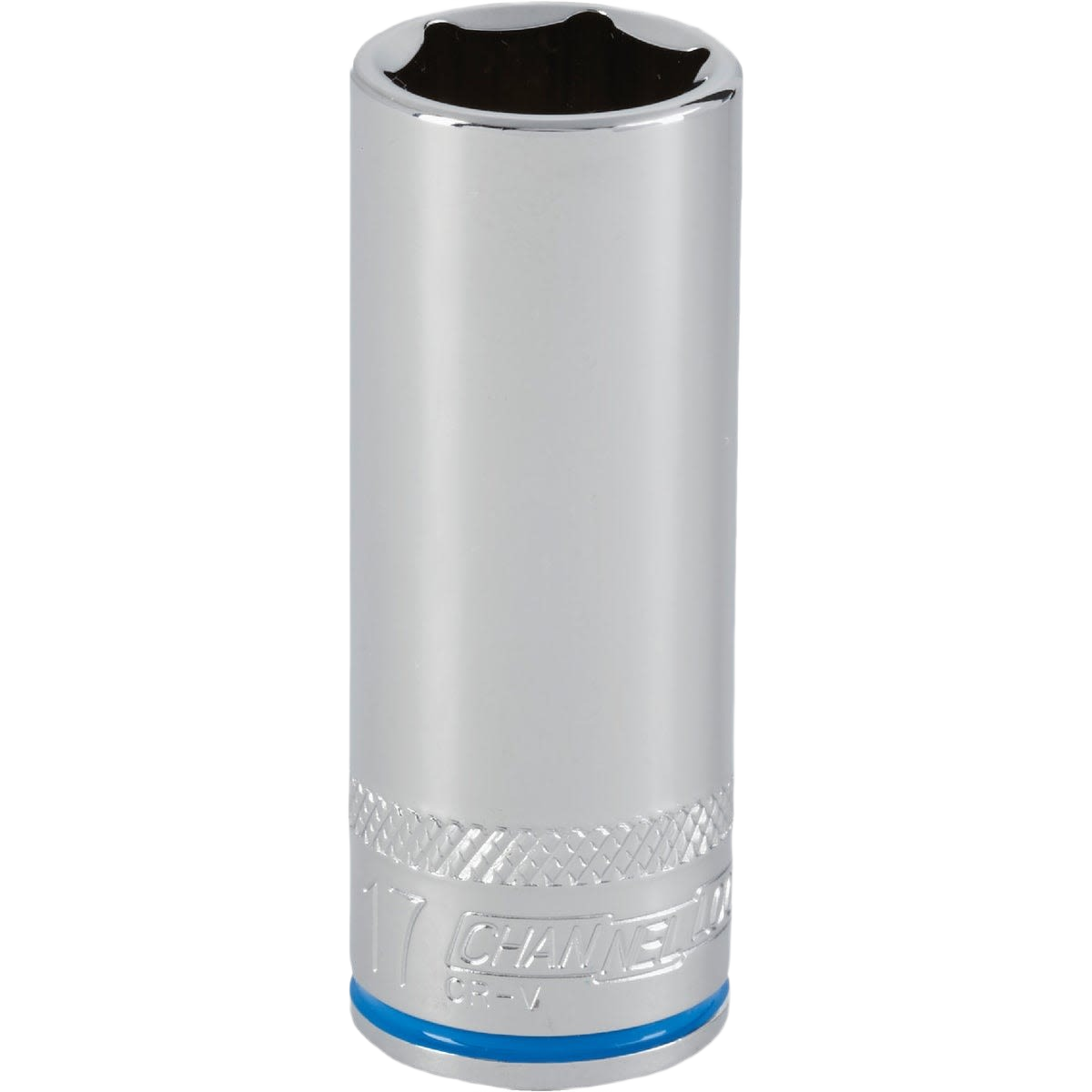 Chrome-finished 17mm deep 6-point socket with textured grip band for hand tools and home improvement use