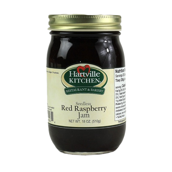 Jar of Hartville Kitchen seedless red raspberry jam in 18 oz size from jams and jellies collection