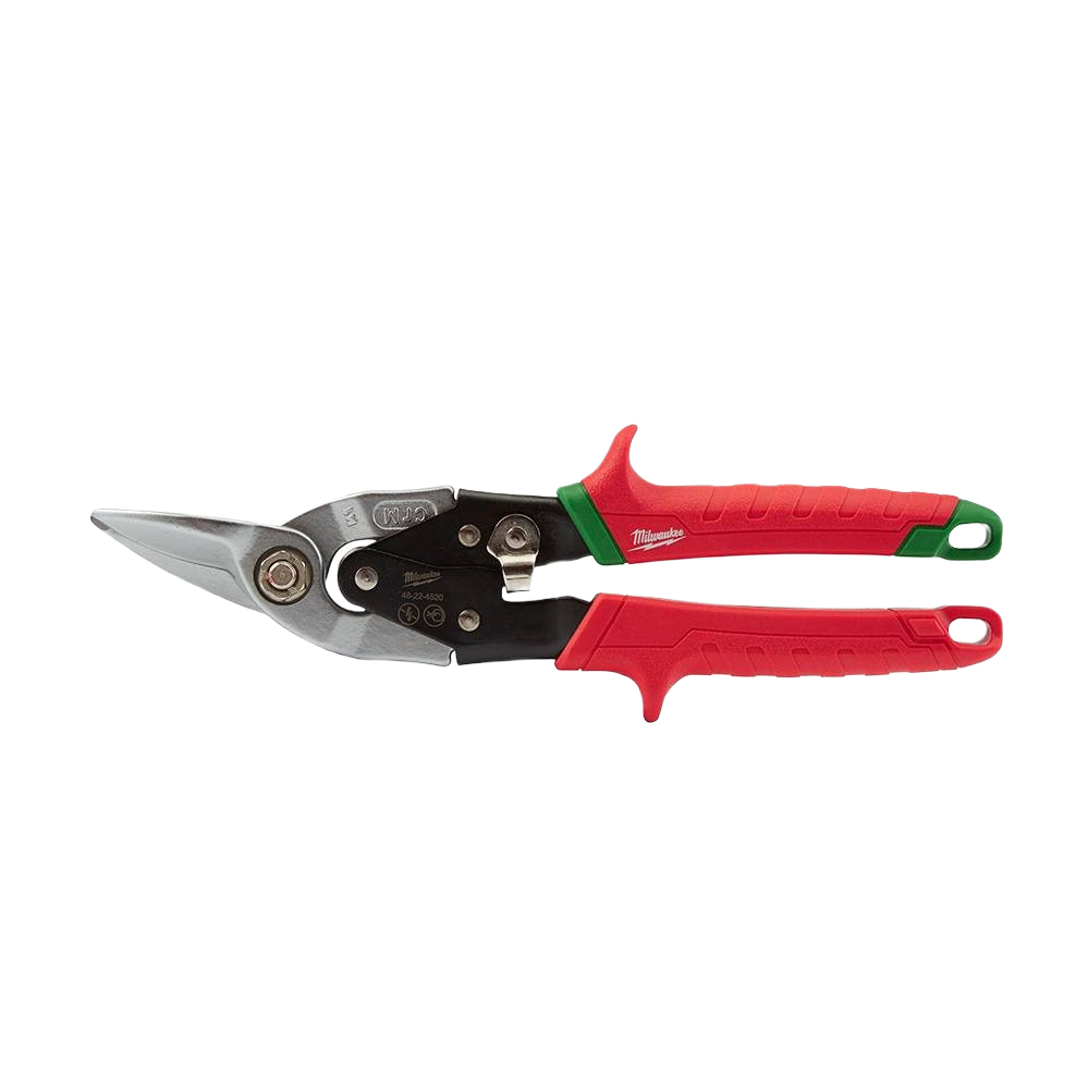 Right-cutting aviation snips with ergonomic red and green handles for precision sheet metal cutting in tools and home improvement tasks