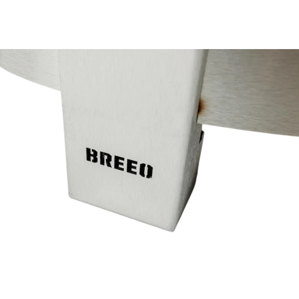 Close-up of Breeo branded stainless steel corner on an outdoor living fire pit for patio furniture and fire pits collections