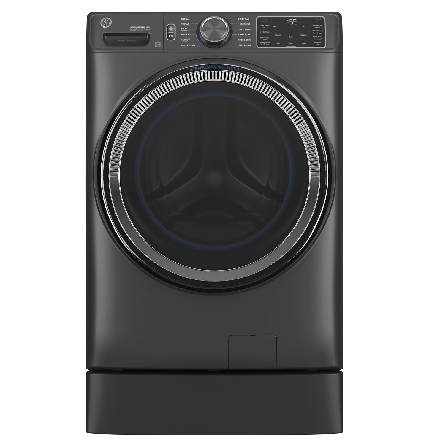Dark gray smart front load washer with large circular door and digital display in modern laundry appliance collection