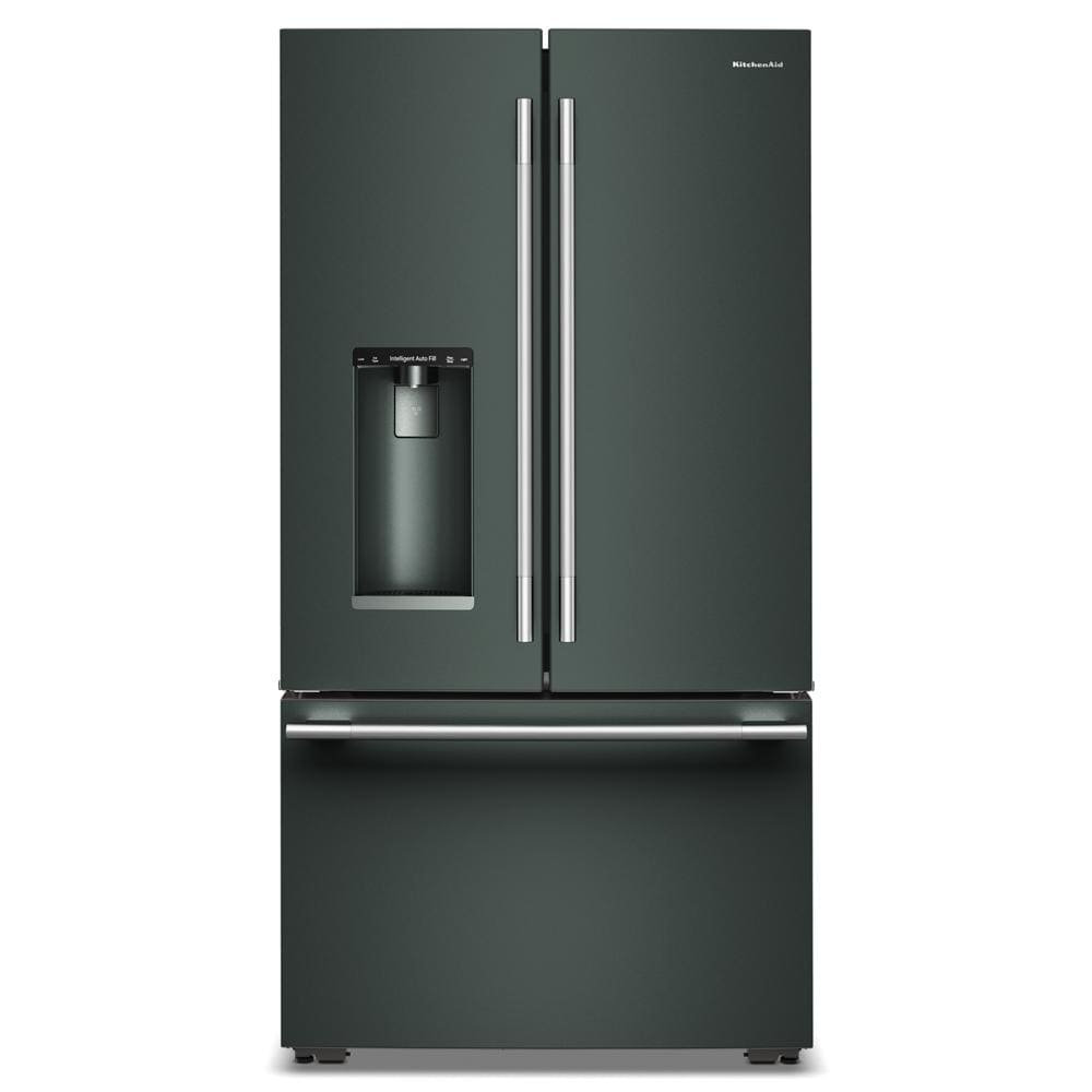 Front view of a dark green counter-depth French door refrigerator with external water dispenser and bottom freezer drawer, part of Refrigerators, French Door Refrigerators, Kitchen & Kitchenware, KitchenAid, and Appliances collections for home improvement.