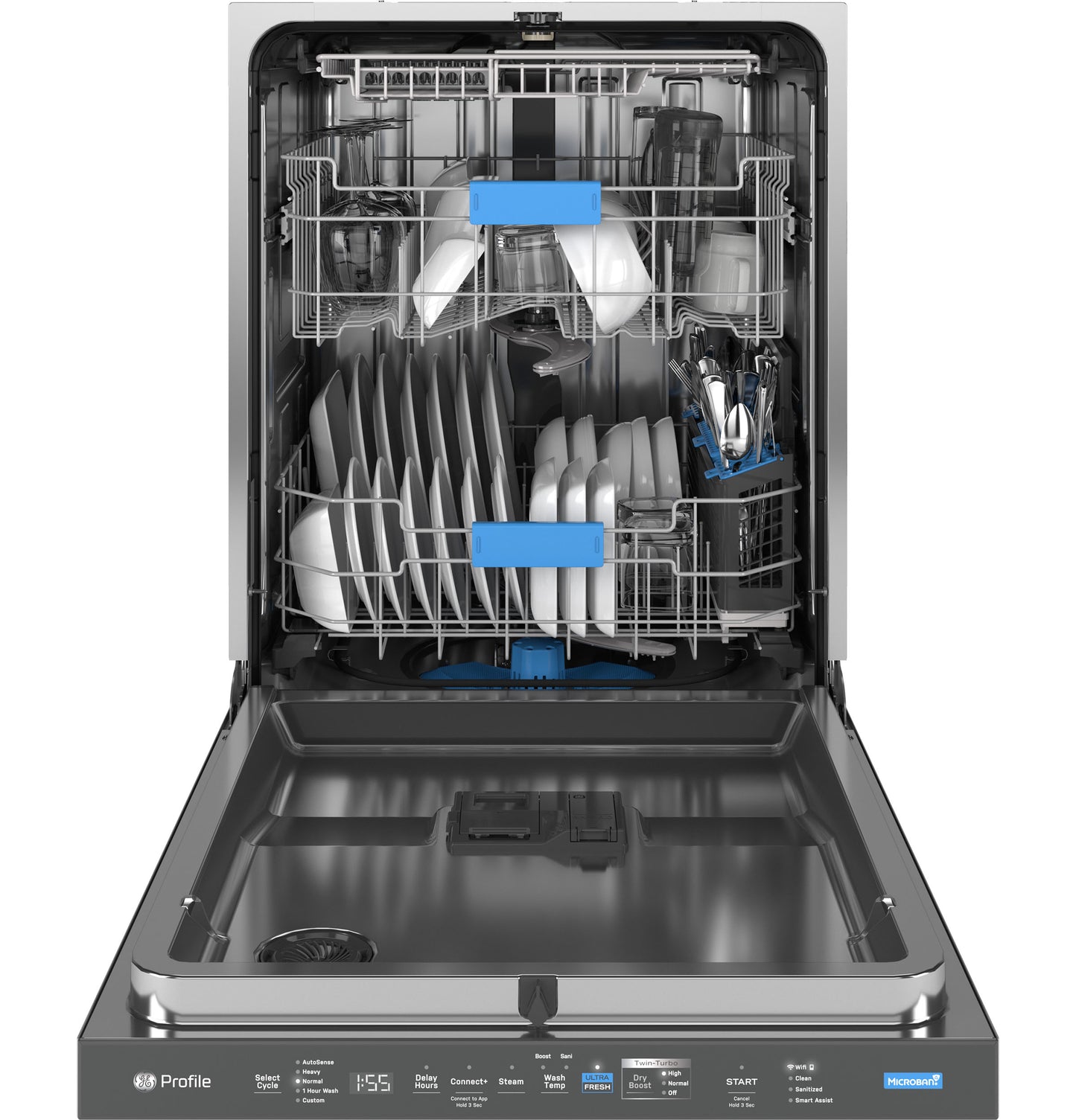 Open stainless steel dishwasher with loaded racks and visible control panel from Kitchen & Kitchenware collection