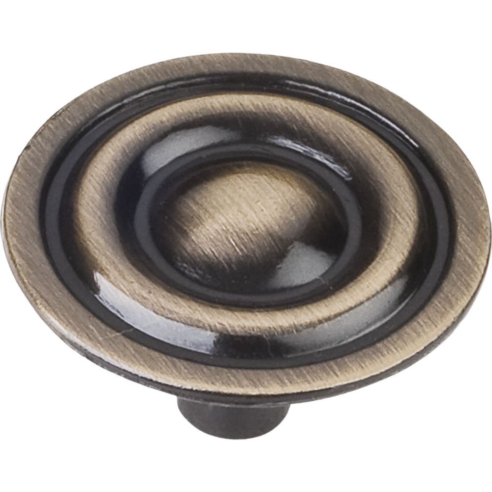 Brushed antique brass cabinet knob with concentric circle design for furniture hardware and home improvement collections