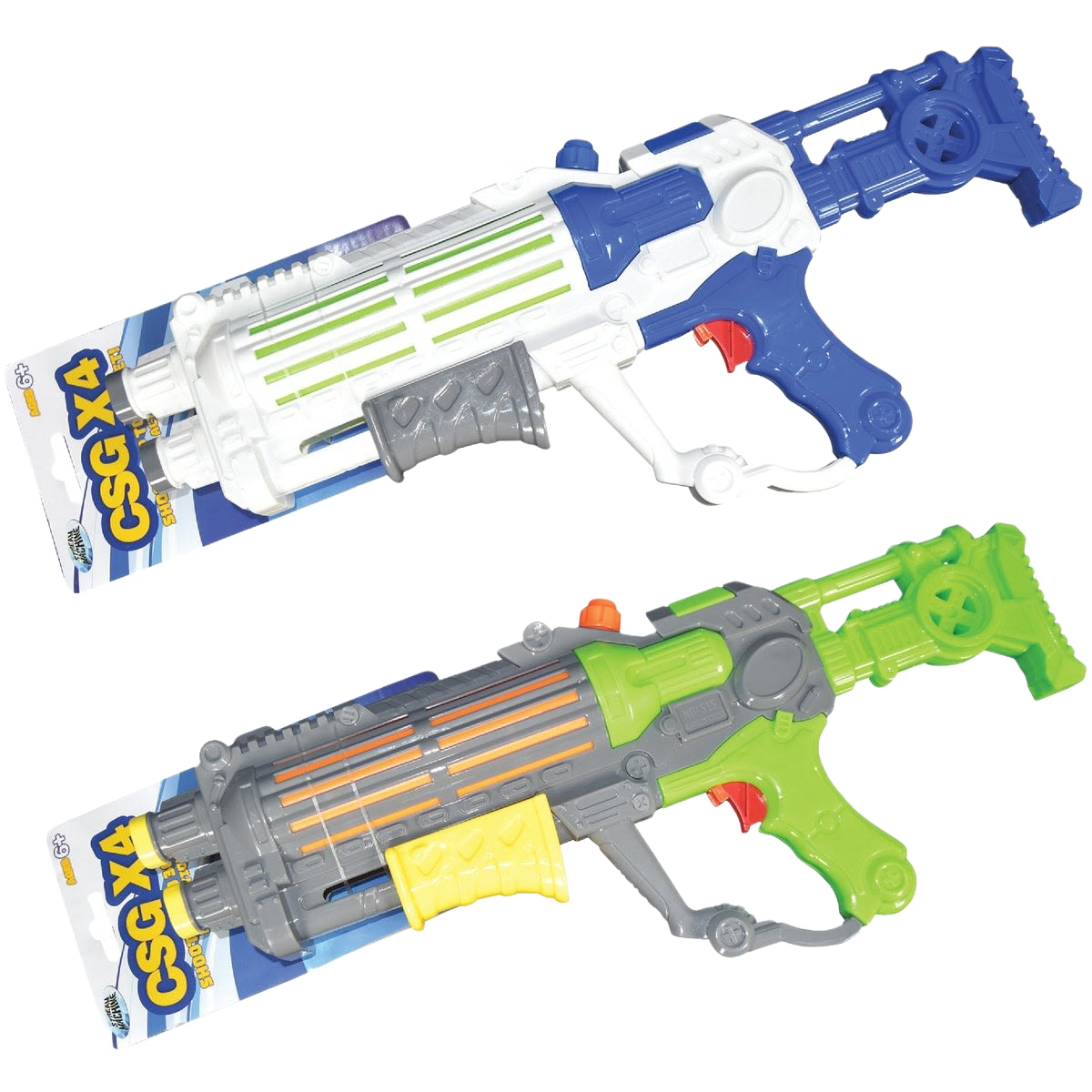 Pair of colorful plastic water blasters featuring blue, white, gray, green, and orange accents for outdoor water play