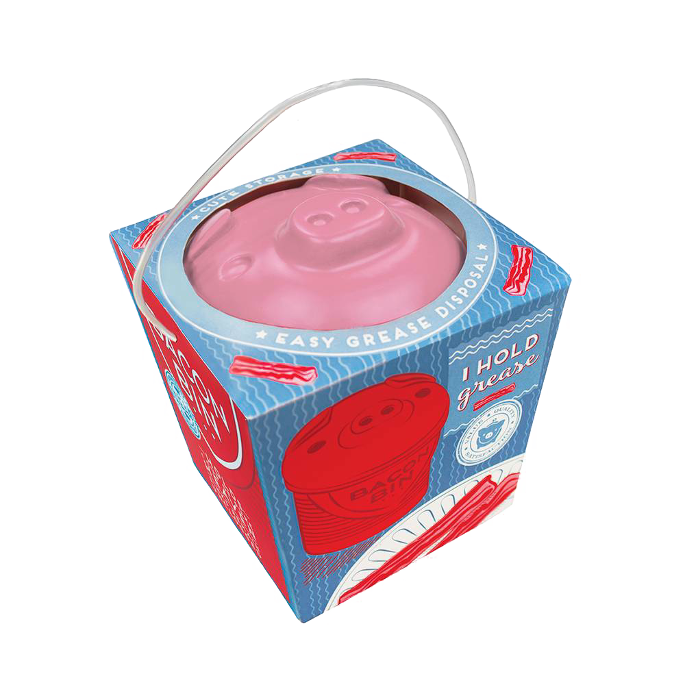 Pink ceramic container with pig face lid for grease storage, featured in kitchenware and cooking utensils collections.