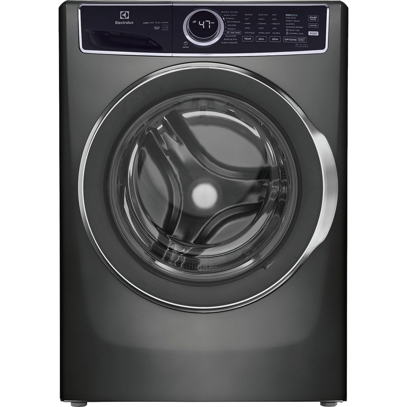 Dark gray front load washer with digital control panel and large circular door in modern appliance collection