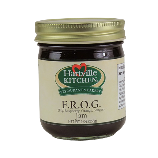 Small jar of Hartville Kitchen F.R.O.G. jam with fig, raspberry, orange, and ginger flavors in jams and jellies collection