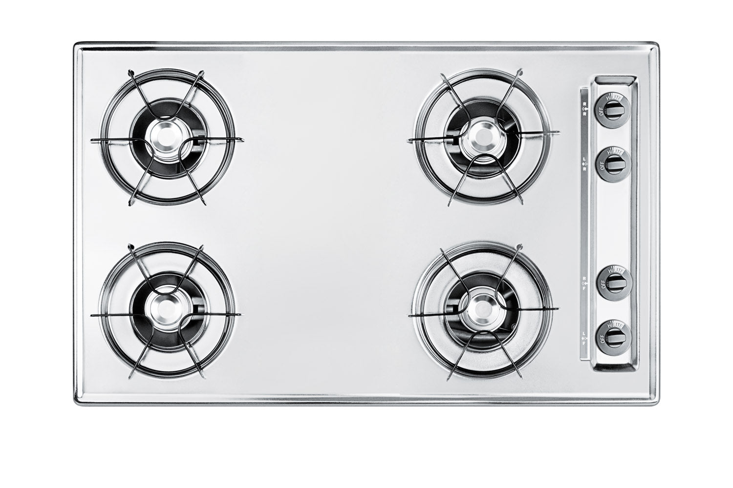 Four-burner stainless steel gas cooktop with control knobs, part of cooktops and kitchen appliances collections