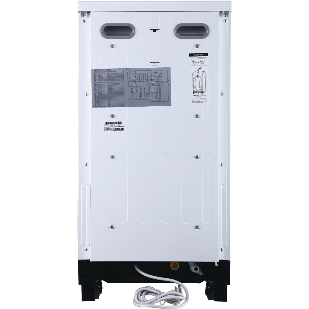 Rear view of compact portable dishwasher showing ventilation slots, electrical cord, and connection points in kitchen appliances collection