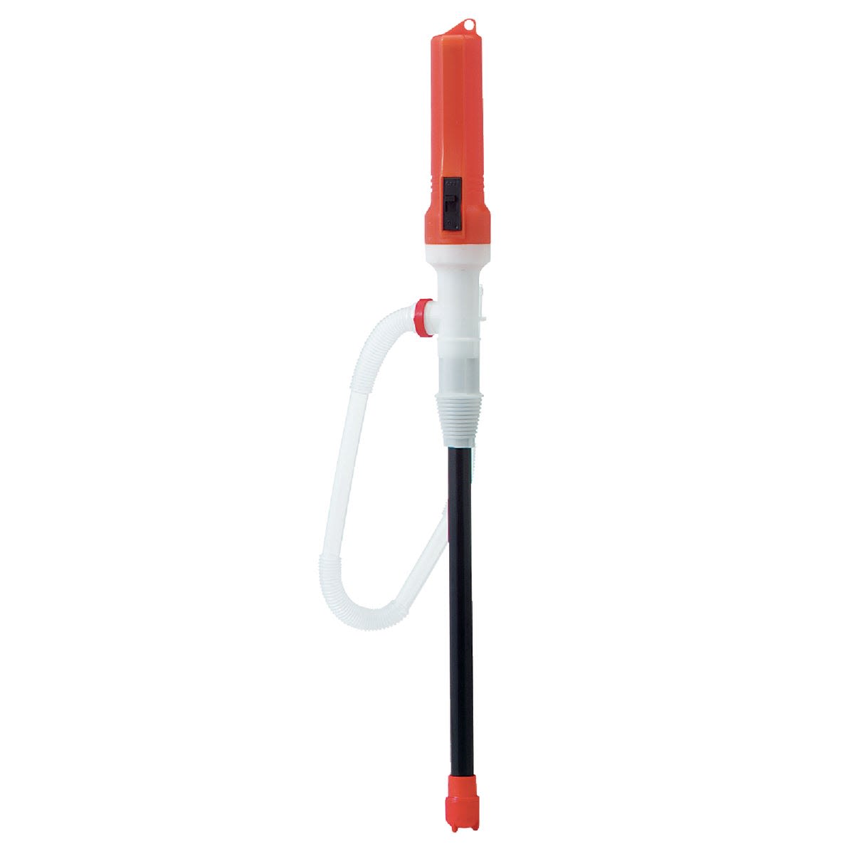 Battery operated siphon pump with orange handle and flexible clear hose for easy liquid transfer in home improvement projects