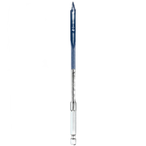 Single blue and silver 1/4 inch spade drill bit with threaded tip for wood drilling in power tool accessories collection