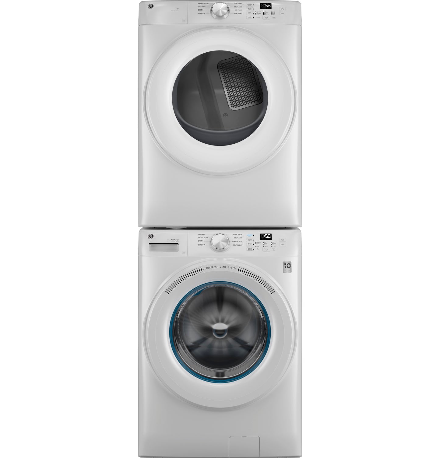 Stacked front load washer and gas dryer set in white, designed for modern home laundry appliances.