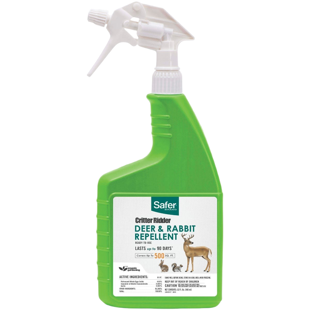Green spray bottle of organic deer, rabbit, and squirrel repellent for lawn and garden pest control under $50 collection