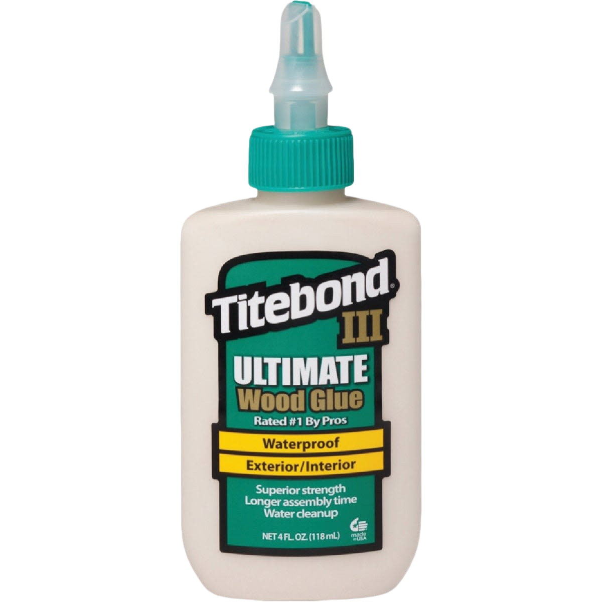 Bottle of Titebond III Ultimate Waterproof Wood Glue with green cap, part of Glue & Adhesives under $50 collection