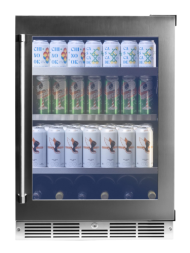 24-inch stainless steel under counter beverage centre with glass door and adjustable shelves in kitchen appliances collection