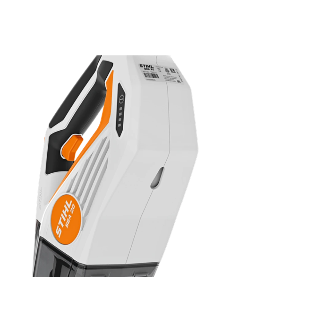 Compact handheld battery-powered vacuum with white and orange design for home improvement tasks and cordless convenience