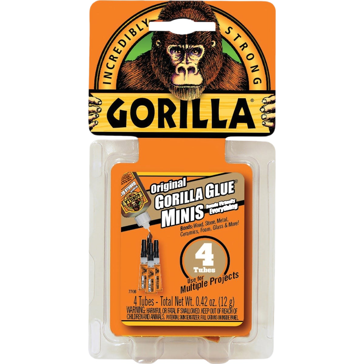 Pack of four Gorilla Original mini glue tubes in durable packaging for adhesive and home improvement supplies collections