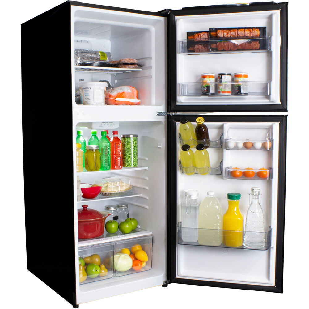 Black top freezer refrigerator with glass shelving, crisper drawers, and organized interior for kitchen appliance collection