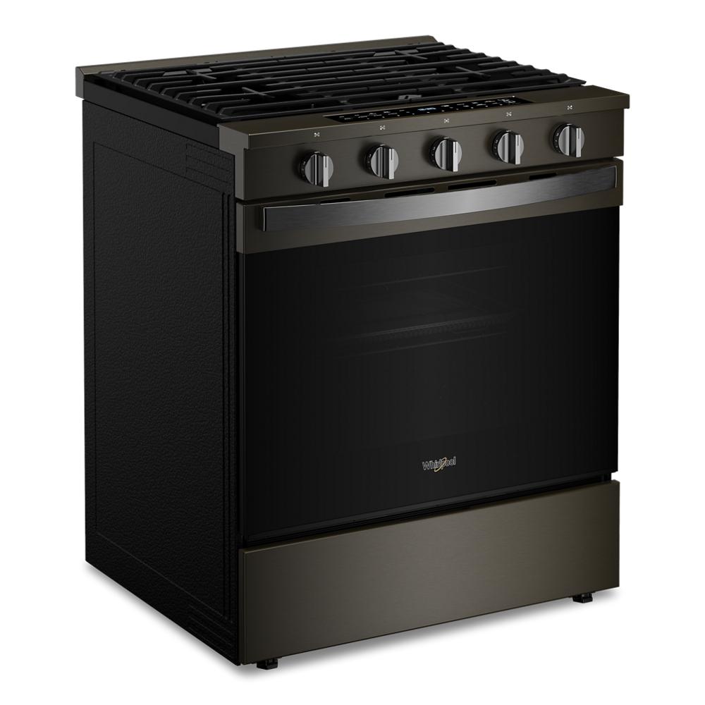 30-inch smart slide-in gas range in black stainless steel with five control knobs in kitchen appliances collection