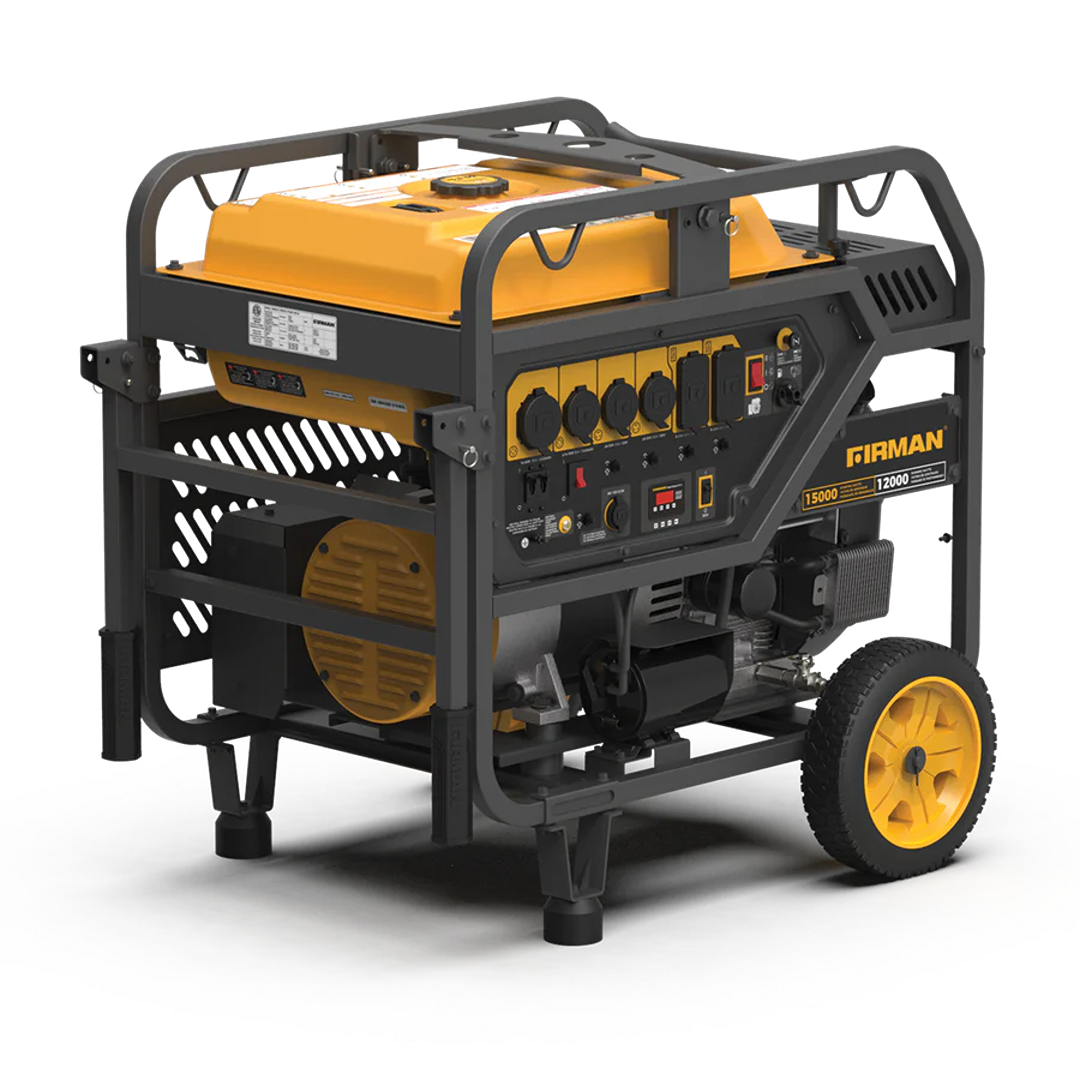 Heavy-duty portable generator with yellow fuel tank, multiple outlets, sturdy black frame, and large wheels for outdoor use